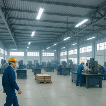 Vue d’un atelier industriel éclairé par des LED et des ouvriers en activité
