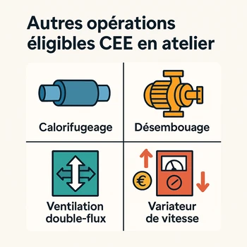 Schéma des autres opérations éligibles CEE en atelier (désenfumage, calorifugeage, variateur de vitesse, ventilation double-flux)