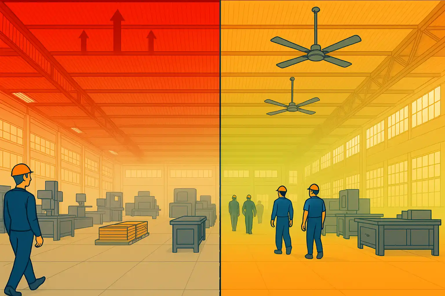 Comparaison d’un atelier avant et après installation de destratificateurs d’air