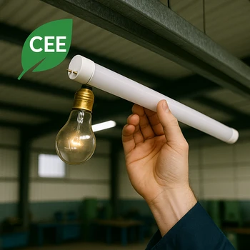Main installant un tube LED certifié CEE dans un atelier