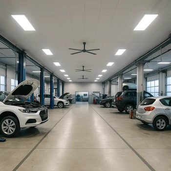 Atelier automobile entièrement éclairé en LED avec zones de travail très lumineuses