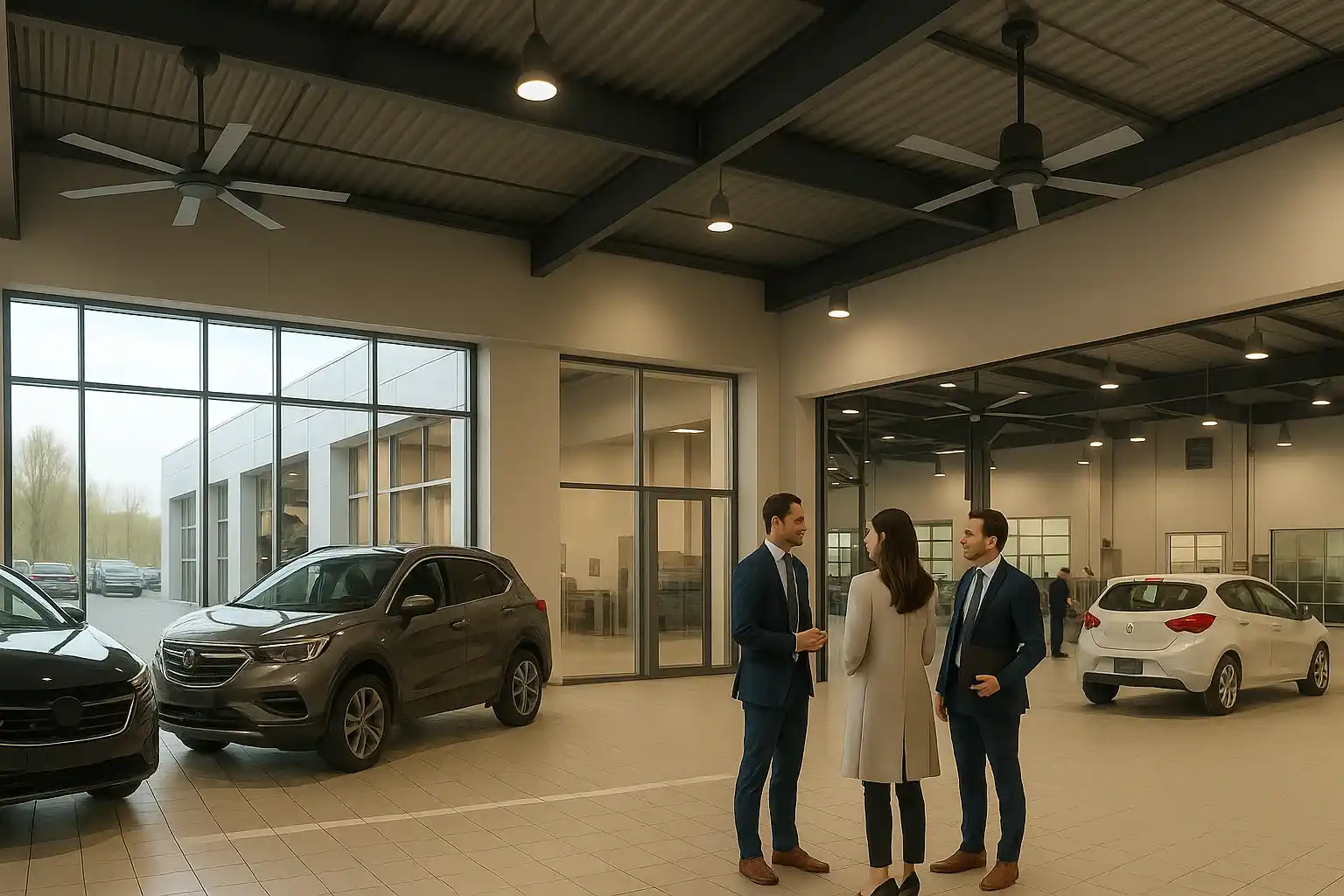 Vue intérieure lumineuse d'une concession automobile équipée de destratificateurs
