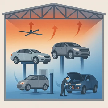 Schéma en coupe d'un atelier automobile illustrant le gradient thermique sol/plafond