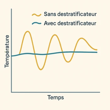 Courbes de consommation de chauffage avant et après destratification dans un garage