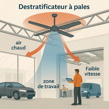 Vue en coupe d'un destratificateur automobile montrant le flux d'air redirigé vers la zone de travail