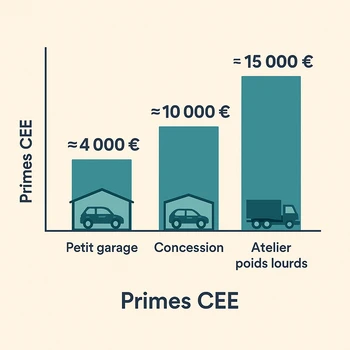 Montants de primes CEE illustrés pour garages, concessions et ateliers poids lourds