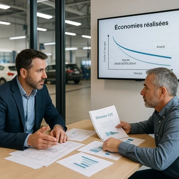 Consultant ECO-CEE échangeant avec un responsable d'atelier automobile