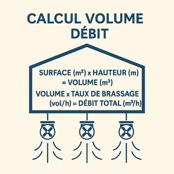 Schéma de calcul reliant volume de garage, débit et nombre de destratificateurs