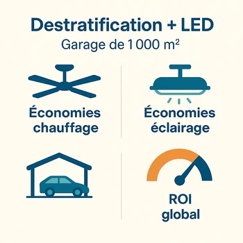 Schéma combinant relamping LED et destratification dans un garage