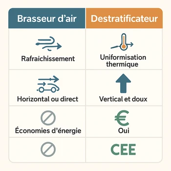 Infographie comparant les critères clés entre brasseurs d'air et destratificateurs