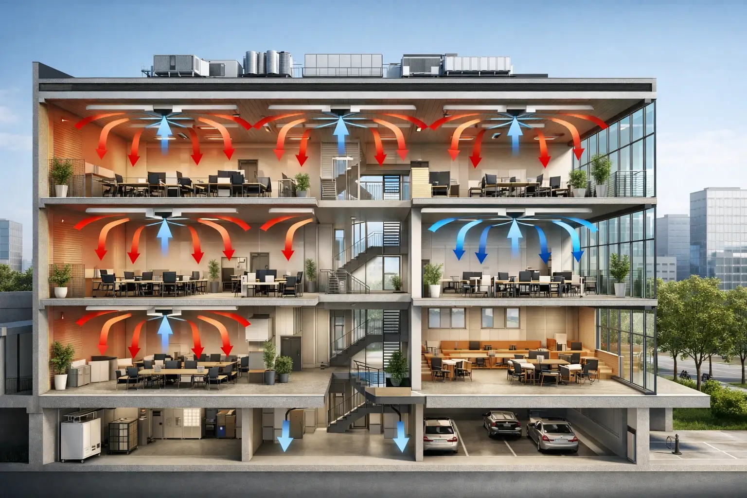 Bureaux modernes avec destratificateur d'air pour le confort thermique