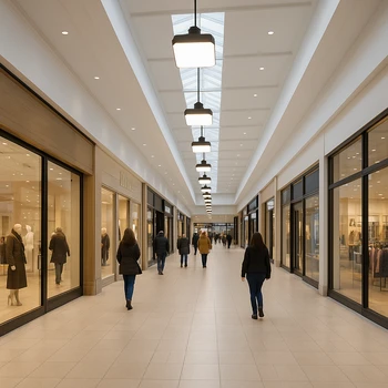 Allée de centre commercial après une opération de relamping LED.