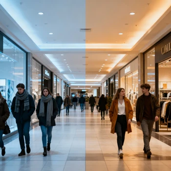 Schéma montrant la différence de confort thermique dans une allée de centre commercial avec et sans destratification.