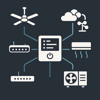 Schéma avec des icônes montrant les différents équipements du bâtiment (chauffage, ventilation, éclairage) connectés à un système de GTB/GTC.
