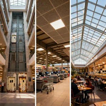Triptyque d'images montrant des exemples concrets d'installations de destratificateurs dans différents types de centres commerciaux.