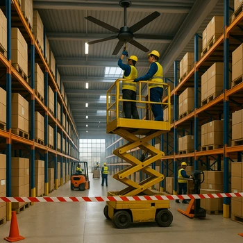 Technicien fixant un destratificateur d’air sur la charpente d’un entrepôt