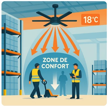 Zone de confort créée par la destratification dans un entrepôt
