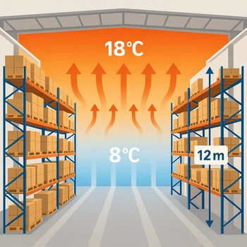 Schéma montrant la stratification thermique dans un entrepôt avec différence de température entre le sol et le plafond