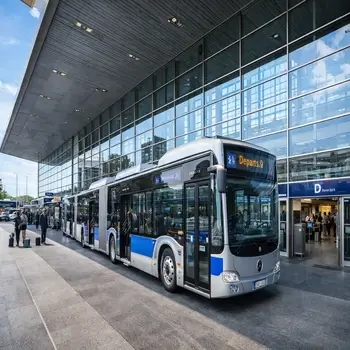 Bus devant une gare avec zone d'embarquement