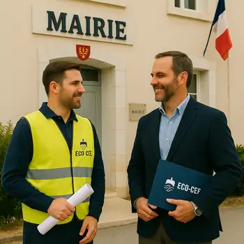 Technicien et maire devant une mairie modernisée