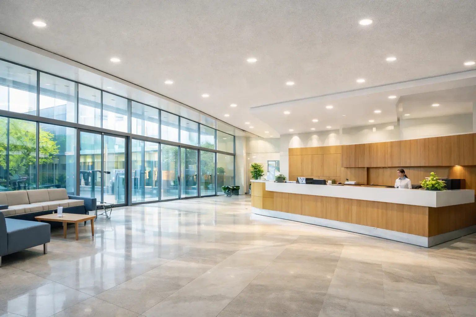 Hall d'accueil lumineux d'une clinique privée moderne