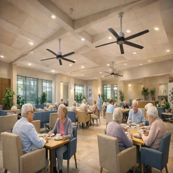 Salle de restaurant d'EHPAD avec destratificateurs