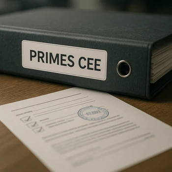 Classeur Primes CEE et document officiel sur bureau technique
