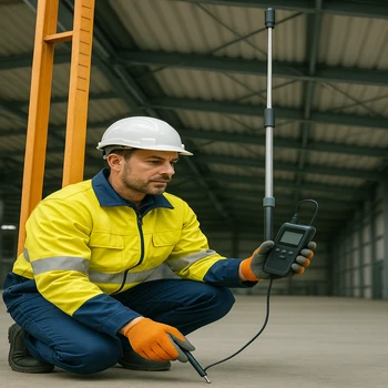 Technicien posant une sonde de température en partie haute d’un local industriel